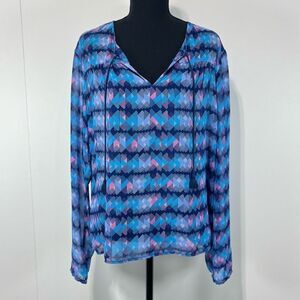 Decree Sheer Abstract Long Sleeve Blouse Size L Women’s Blue / Purple Geometric